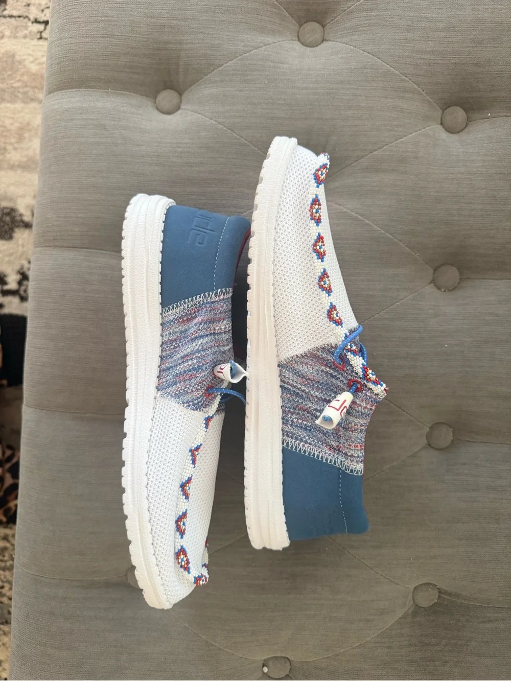 Hand Beaded-New-never worn Hey Dude White Knit Loafers with Blue and Red Accents
